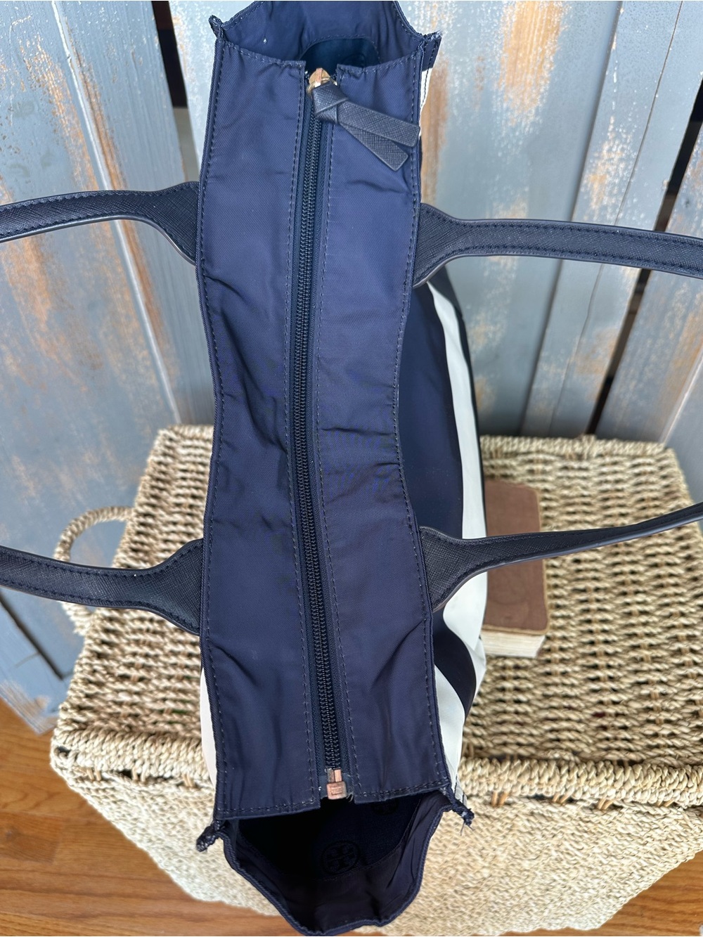 Tory Burch Ella Packable Nylon Tote Navy Bar Stripe - Picture 8 of 16